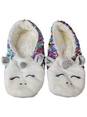 Target Unicorn Sequin Grippers Slippers White Faux Sherpa Silver Booties READ